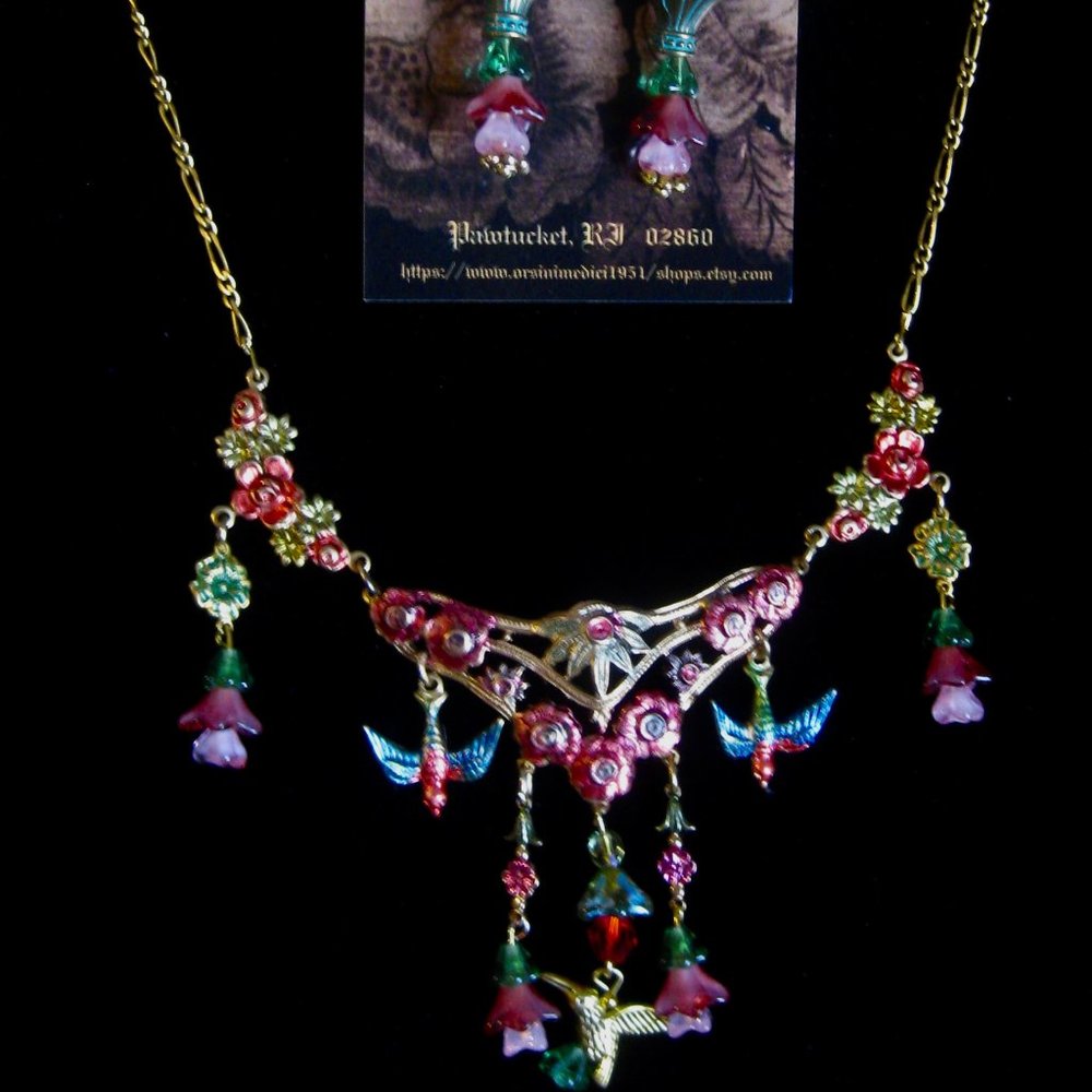Art Nouveau Hummingbird Necklace and Earring Set